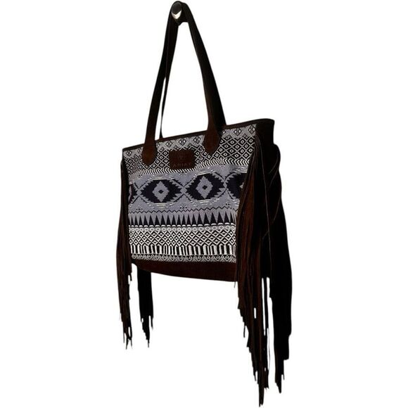 Ariat Madison Woven Concealed Carry Blue Brown Tote Bag Aztec Suede Fringe Large - Picture 3 of 10